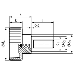 Rändelhohlschraube 421 M8 x 20mm lang Gewindestift Stahl verzinkt , Technische Zeichnung