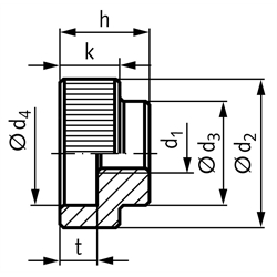 Rändelmutter DIN 6303 Gewinde M5 Edelstahl 1.4305, Technische Zeichnung