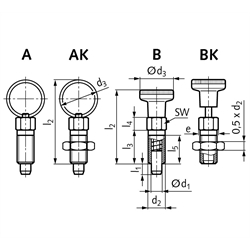 Rastbolzen 717 Form BK Bolzendurchmesser 6mm Gewinde M10 Edelstahl, Technische Zeichnung