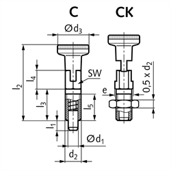 Rastbolzen 717 Form CK Bolzendurchmesser 4mm Gewinde M6, Technische Zeichnung