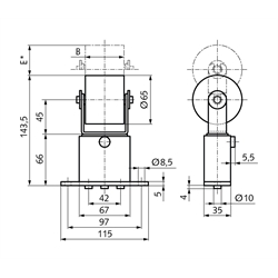 Riemenspanner SPANN-BOX® Größe 1 Typ SR-0 niedrige Spannkraft Rollen-Ø 65mm (zylindrisch) Rollenbreite 53mm, Technische Zeichnung