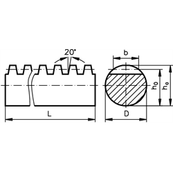 Rundzahnstange aus hochfestem Stahl Modul = 6 Durchmesser = 60 mm h6 Länge = 1000 mm, Technische Zeichnung