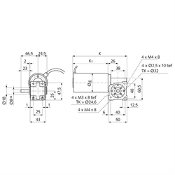 Schnecken-Kleingetriebemotor SG mit Gleichstrom-Permanentmagnetmotor 24V 28W n2=200/min i=15:1 Abtrieb Seite 2, Technische Zeichnung