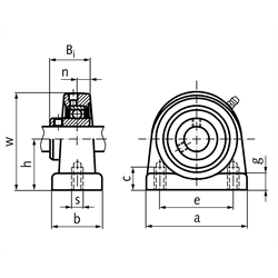 Kugelstehlager SS UCPA 209 Bohrung 45mm Gehäuse und Lager aus Edelstahl, Technische Zeichnung