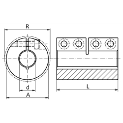 Geschlitzte Schalenkupplung MAS beidseitig Bohrung 35mm ohne Nut Edelstahl 1.4305 mit Schrauben DIN 912 A2-70 , Technische Zeichnung