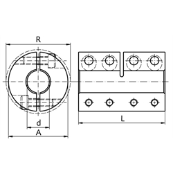 Geteilte Schalenkupplung MAT beidseitig Bohrung 10mm ohne Nut Edelstahl 1.4305 mit Schrauben DIN 912 A2-70 , Technische Zeichnung