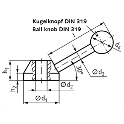 Schalterknebel 223 St Durchmesser 40mm Kugelknopf aus Kunststoff , Technische Zeichnung