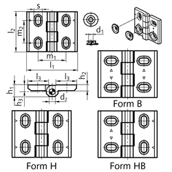 Scharnier M127 aus Zink-Druckguss, justierbar, Form B, 76x60mm, Technische Zeichnung