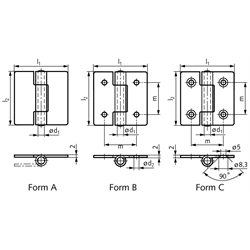 Blechscharnier M136 aus Edelstahl 1.4301, Form B, 50x50mm, Technische Zeichnung