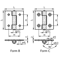 Blechscharnier M136 aus Stahl verzinkt, Form C, 40x40mm, Technische Zeichnung