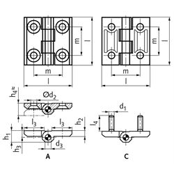 Scharnier M237 aus Zink-Druckguss, Form C, 50x50mm, Technische Zeichnung