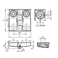 Scharnier M238 aus Zink-Druckguss, justierbar, 42x42mm, Technische Zeichnung