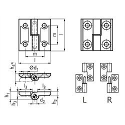 Scharnier M337 aus Edelstahl 1.4308, aushängbar, Form L, 50x50mm, Technische Zeichnung