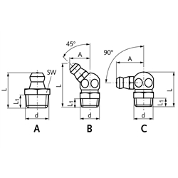 Hydraulik-Kegel-Schmiernippel DIN 71412 Edelstahl Form B - H2 M10, Technische Zeichnung