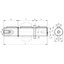 Abtriebswelle beidseitig für Schneckengetriebe H/I Größe 50 Durchmesser 25mm Gesamtlänge 196,7mm, Technische Zeichnung