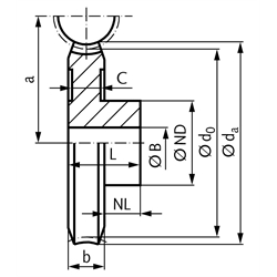 Schneckenräder aus Bronze, eingängig rechts, Modul 1, Technische Zeichnung