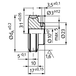 Präzisions-Schneckenrad Achsabstand 31mm i=70 70 Zähne , Technische Zeichnung