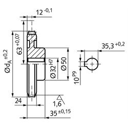 Präzisions-Schneckenrad Achsabstand 63mm i=12 36 Zähne , Technische Zeichnung