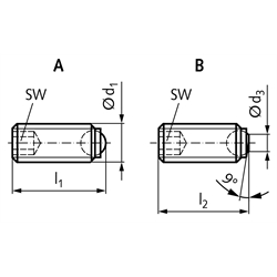 Kugeldruckschraube aus Stahl 12.9 brüniert Form B M16 x 35mm lang , Technische Zeichnung