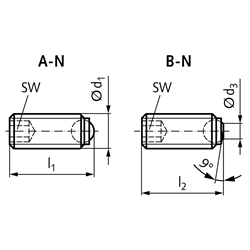 Kugeldruckschraube Edelstahl Form B-N M16 x 25mm , Technische Zeichnung