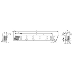 Präzisions-Zahnstange aus Blankstahl 900N/mm² Modul 3 1000mm lang vergütet mit gefrästen Zähnen schräg verzahnt 19°31''42" rechtssteigend mit Bohrungen , Technische Zeichnung