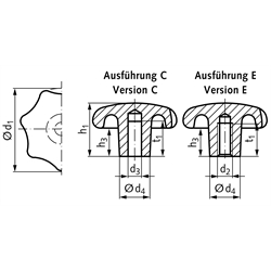 Sterngriff DIN 6336 aus Grauguss Ausführung C Durchmesser 80mm , Technische Zeichnung