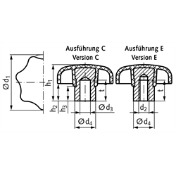 Sterngriff ähnlich DIN 6336 Ausführung C Bohrung 16H7 , Technische Zeichnung