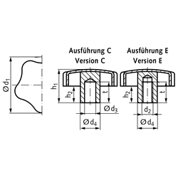 Sterngriff 5334 Edelstahl Ausführung E Gewinde M8 , Technische Zeichnung