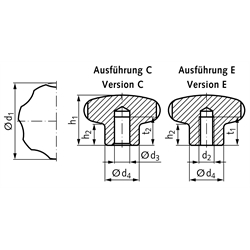 Sterngriff 5335 Edelstahl Ausführung E Gewinde M10 , Technische Zeichnung