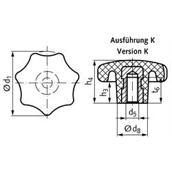 Sterngriff ähnlich DIN 6336 aus Kunststoff Ausführung K Durchmesser 50mm , Technische Zeichnung