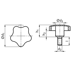 Sterngriffschraube 5334 Durchmesser 50mm Gewinde M10 x 30mm Edelstahl 1.4301, Technische Zeichnung