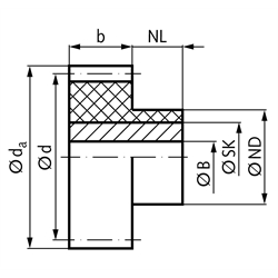 Stirnzahnräder Kunststoff PA 12 G schwarz mit Edelstahlkern, Modul 3, Technische Zeichnung