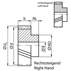 Stirnzahnrad aus C45 mit Nabe Modul 1 15 Zähne Zahnbreite 10mm schräg verzahnt 20° linkssteigend Außendurchmesser 18,0mm, Technische Zeichnung