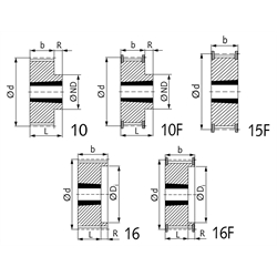 Zahnriemenrad aus Stahl Profil T5 56 Zähne für Riemenbreite 16mm für Taper-Spannbuchse 1210, Technische Zeichnung