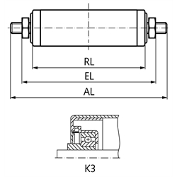 Tragrolle K3 Kunststoff blau Ø=63mm RL=200mm EL=219mm AL=249mm Außengewinde, Technische Zeichnung