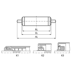 Tragrolle K1 Kunststoff blau Ø=20mm RL=200mm EL=205mm AL=221mm Federachse, Technische Zeichnung