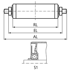 Tragrolle S1 Stahl blank Ø=80mm RL=600mm EL=622mm AL=652mm Außengewinde, Technische Zeichnung