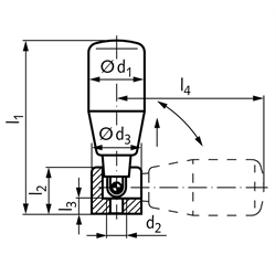 Umleggriff NG Ausführung N Griffdurchmesser 26mm Gewinde M6 mit drehbarem Ballengriff aus Kunststoff Mechanik aus Edelstahl, Technische Zeichnung