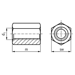 Verlängerungsmutter 6334 M30 Höhe 90mm Vergütungsstahl Klasse 10 , Technische Zeichnung