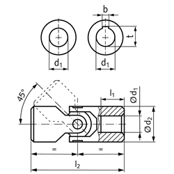 Einfach-Wellengelenk WEL ähnlich DIN808 Bohrung 18H7 Material Stahl
Gesamtlänge 72mm Außendurchmesser 37mm, Technische Zeichnung