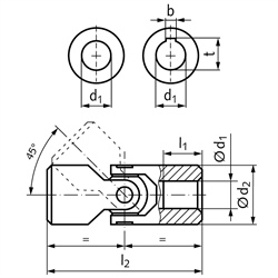 Präzisions-Wellengelenk WE DIN808 einfach Bohrung 14H7 Material Stahl Gesamtlänge 60mm Außendurchmesser 29mm, Technische Zeichnung