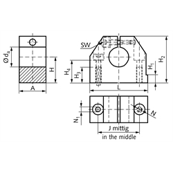 Präzisions-Wellenbock GW-3 ISO-Reihe 3 für Wellendurchmesser 25mm, Technische Zeichnung