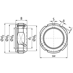 Wellenmutter KMT 20 mit Sicherungsstiften Gewinde M100x2, Technische Zeichnung