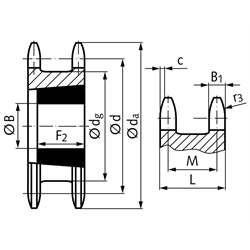 Doppel-Kettenrad ZRET für 2 Einfach-Rollenketten 16 B-1 1"x17,02mm 20 Zähne Material Stahl für Taper-Spannbuchse 3020, Technische Zeichnung