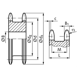 Doppel-Kettenrad ZREG für 2 Einfach-Rollenketten 08 B-1 1/2x5/16" 13 Zähne Material Stahl Zähne gehärtet, Technische Zeichnung