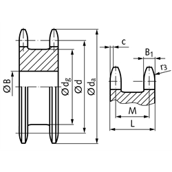 Doppel-Kettenräder ZRE für zwei Einfach-Rollenketten 08 B-1, Technische Zeichnung