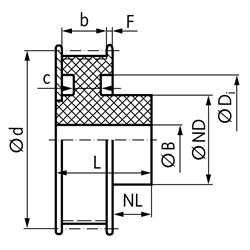 Zahnriemenrad aus Polyacetal gespritzt Profil T5 22 Zähne für Riemenbreite 10mm , Technische Zeichnung