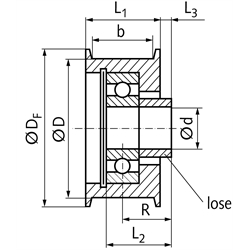 Spannrolle Umlenkrolle TS Laufflächendurchmesser 40mm Laufflächenbreite 14mm mit lose beiliegender Distanzbuchse für die Montage, Technische Zeichnung