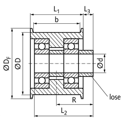 Spannrolle Umlenkrolle TS Laufflächendurchmesser 60mm Laufflächenbreite 31mm mit lose beiliegender Distanzbuchse für die Montage, Technische Zeichnung