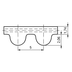 HTD-Zahnriemen Neopren Profil 5M Breite 15mm Wirklänge 635mm Zähnezahl 127 , Technische Zeichnung